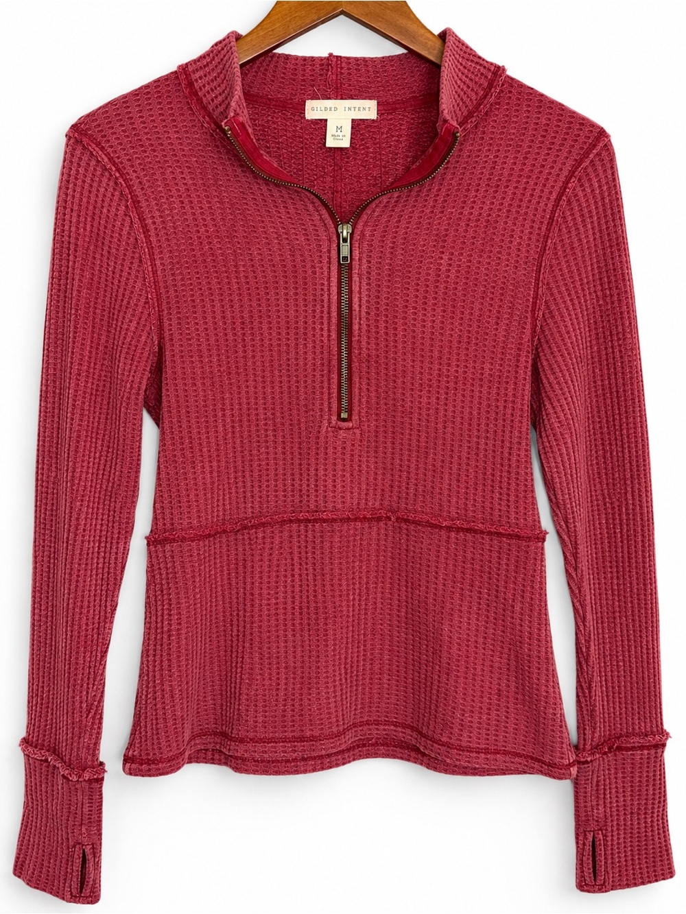 Gilded Intent Women's Waffle Knit Half Zip Thermal Pullover Burgundy M